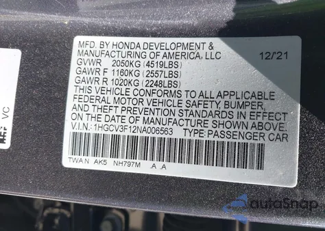 2022 Honda Accord Hybrid z USA, uszkodzony, nr VIN 1HGCV3F12NA006563
